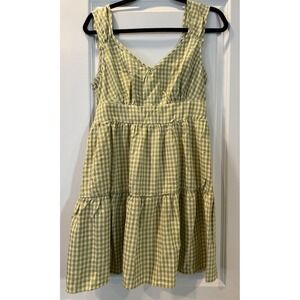 Lush Green Gingham Tiered Mini Dress Cottagecore V-Neck Sleeveless Size M
